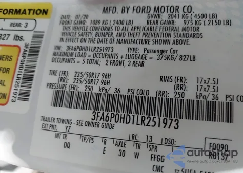 2020 Ford Fusion Se from USA, damaged, VIN 3FA6P0HD1LR251973